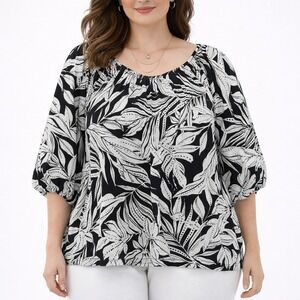 Lane Bryant Plus 24 Black White Tropical Leaf Kimono Sleeve Bubble Hem Blouse